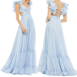 Mac Duggal Ruffle Tiered Cut Out Baby Blue Chiffon Gown Dress Size 10